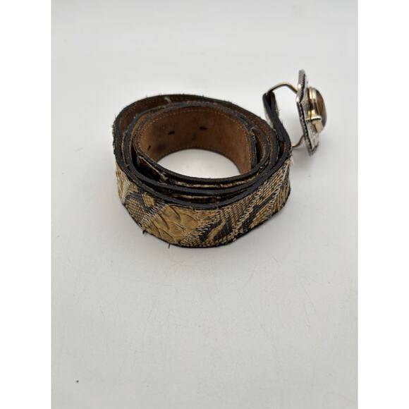 VTG Snakeskin Belt Mens Brown Hand Tooled Tiger Eye Western Buckle Fits 32” main image 15